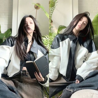 (sẵn) Áo khoác da dáng lửng bo chun khóa zip phối 1 màu đen trắng phong cách cá tính - Tiktik