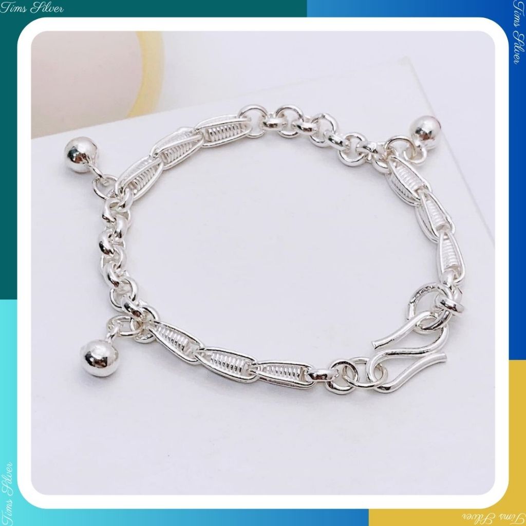 Lắc tay bạc ta hạt gạo mix xích mix 3 bi dành cho bé TIMS C0080