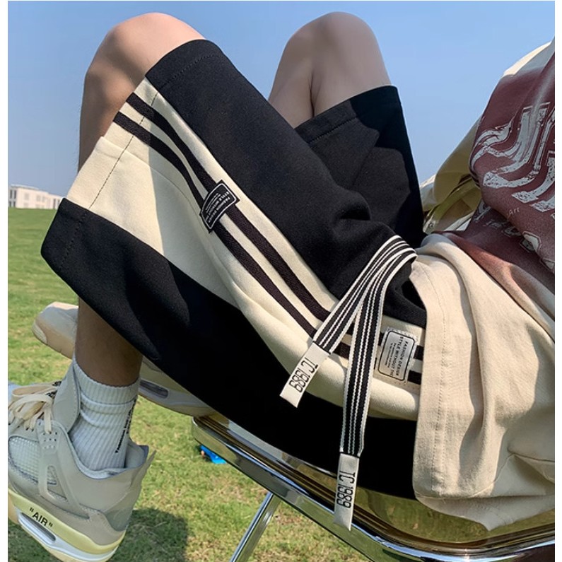 Quần đùi nam nữ phối kẻ sọc + logo chất cotton dệt tổ ong mặc thoải mái Quần short Unisex nam nữ đều mặc được-A02