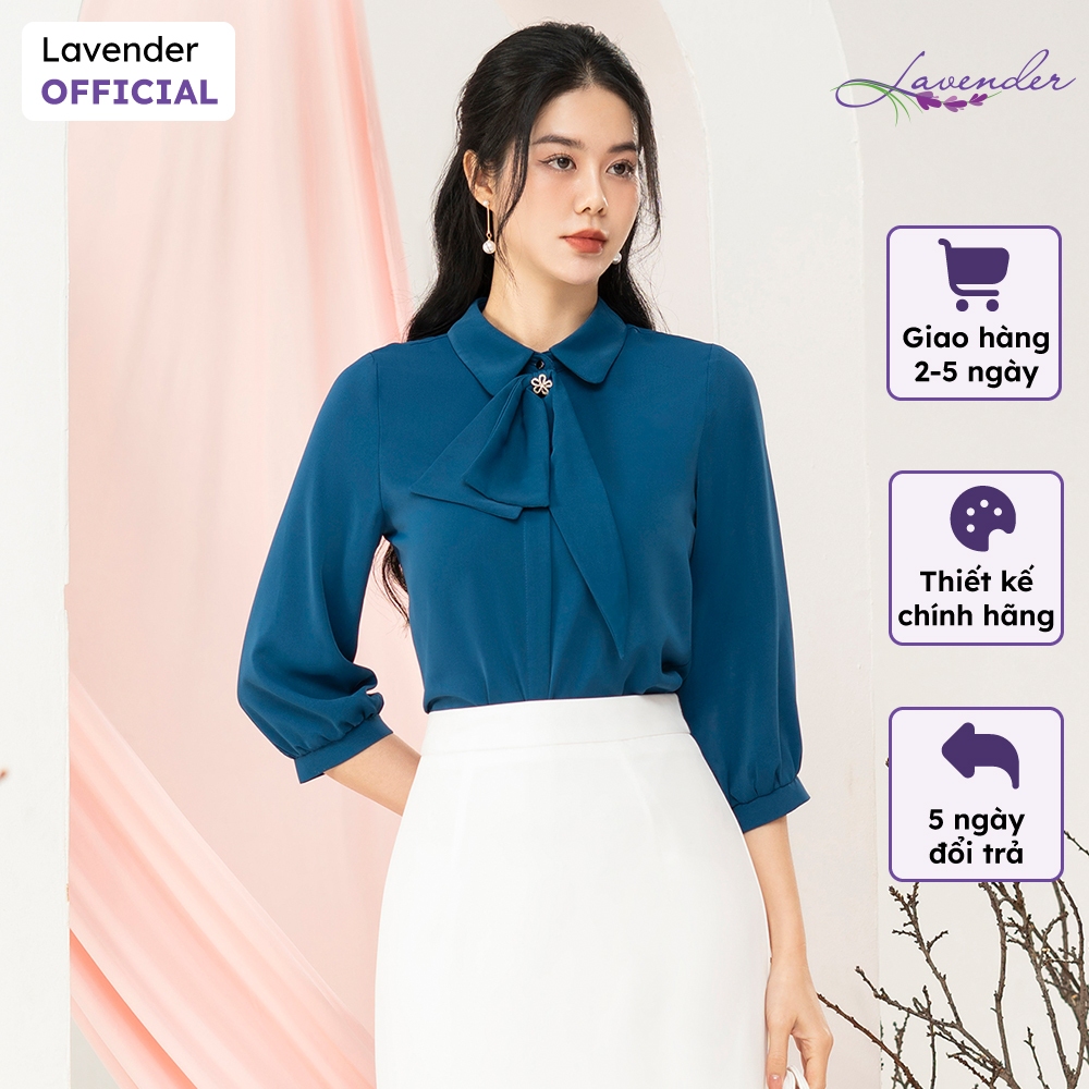 Áo sơ mi công sở nữ LAVENDER màu xanh coban chất lụa hàn mềm mại cổ đính nơ A3013