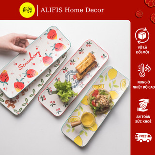 Đĩa sứ decor chữ nhật đựng hoa quả, sushi nhiều hoạ tiết xinh xắn Alifis