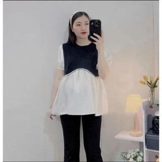 Áo bầu cộc tay đen phối sơ mi trắng B67