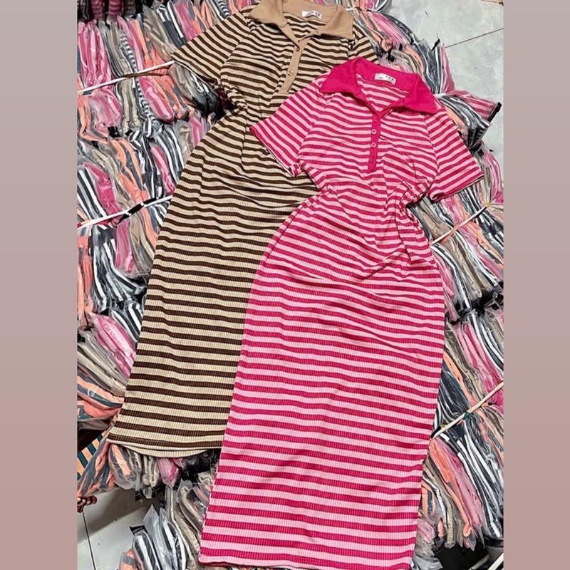 Đầm body sọc cổ bẻ chất gân