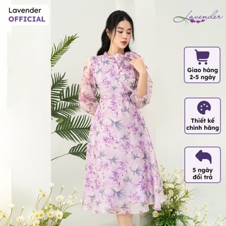 Đầm công sở thiết kế lavender màu hoa tím cổ nơ dáng xòe d3002
