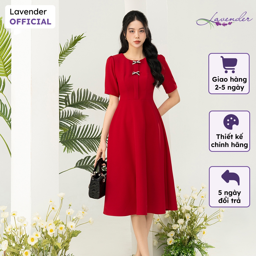 Đầm công sở thiết kế LAVENDER màu đỏ dáng xòe đính nơ đã sang chảnh D3003