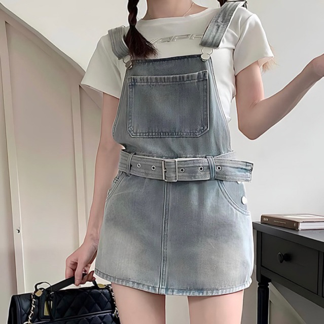 Yếm bò dáng ngắn đầm chữ A, váy yếm jean kèm quần giả váy phối nhiều kiểu cá tính