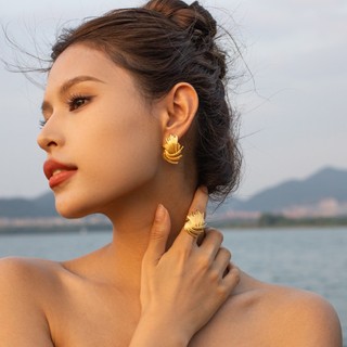Set bông tai nhẫn nữ mạ vàng dạng xoắn tròn bản to cá tính hợp kim titan cao cấp phong cách Âu Mỹ Boho