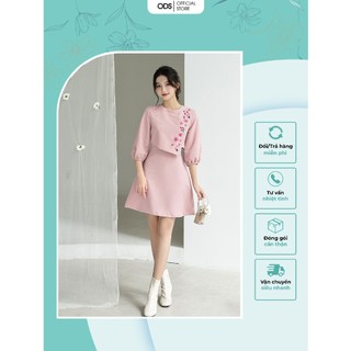 Đầm ngắn hồng cam xoè ODS thiết kế thân phối crop vạt chéo, thêu hoa dọc, tay phồng lỡ, cổ tròn, dây kéo sau - SIB6