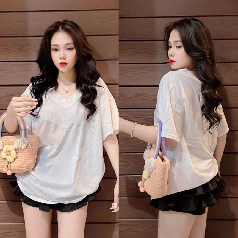 Áo Phông giấy Cotton Trơn Cổ Tim From Rộng Freesize