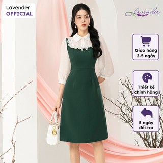 Đầm công sở thiết kế LAVENDER màu xanh lá dáng A cổ sen D3007