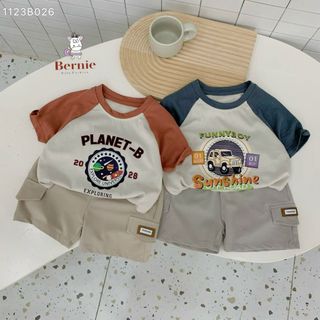Set đồ bộ đi chơi cho bé trai zaclang funny  ô tô in chữ áo thun cotton kèm quần short 1 đến 7 tuổi BERNIE 1123B026