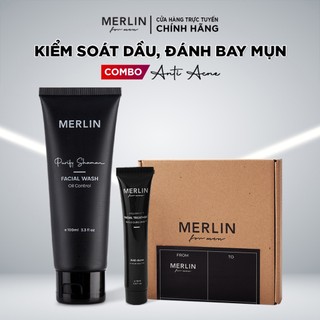 Combo sạch mụn cho nam Merlin For Men - Sữa rửa mặt kiểm soát dầu trắng da và Kem chấm mụn giảm thâm Nano Curcumin