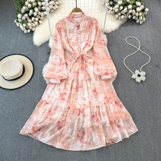 #4644 [Sẵn một số màu] Đầm Quảng Châu dài tay cổ chân chất voan tiểu thư có lót trong kèm dây buộc eo 6 màu freesize