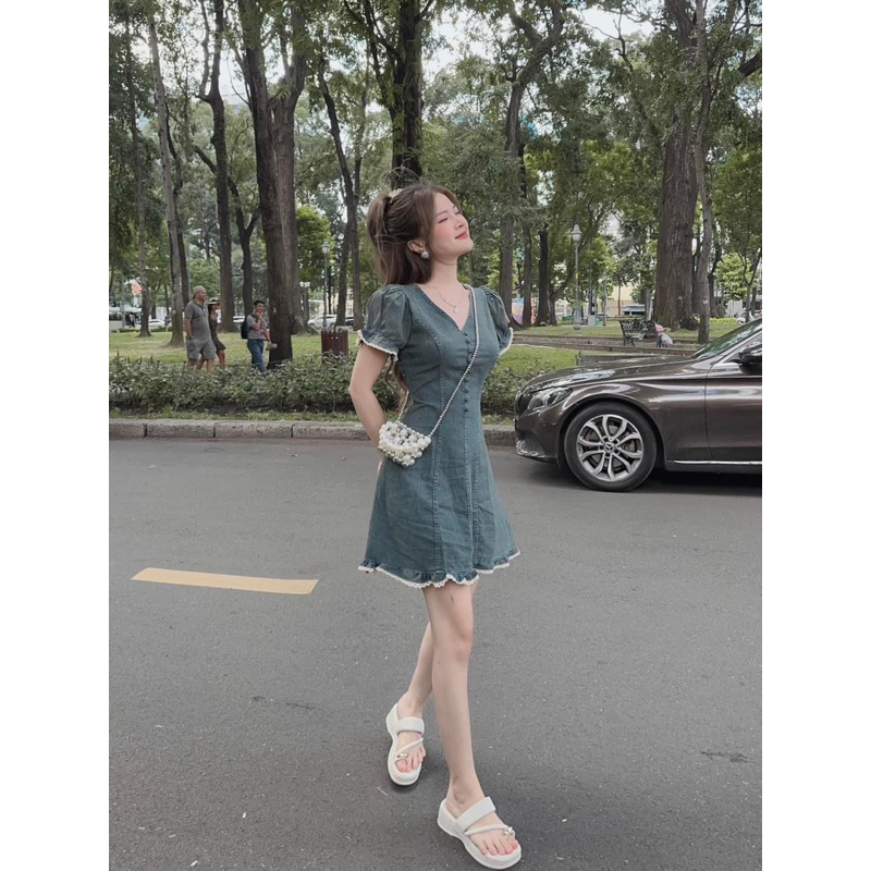 Váy jean tay bồng