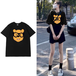 Áo thun cotton cổ tròn tay ngắn form rộng in hình mặt chú Gấu đeo mắt kính cute