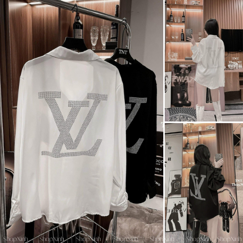Sơ Mi LV Nạm Đá Chất Lụa Óng, Áo Sơ Mi Nữ LV Đính Đá Lụa QC