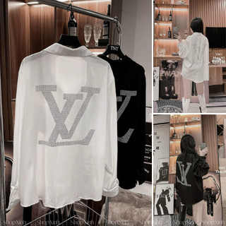 Sơ mi lv nạm đá chất lụa óng, áo sơ mi nữ lv đính đá lụa qc