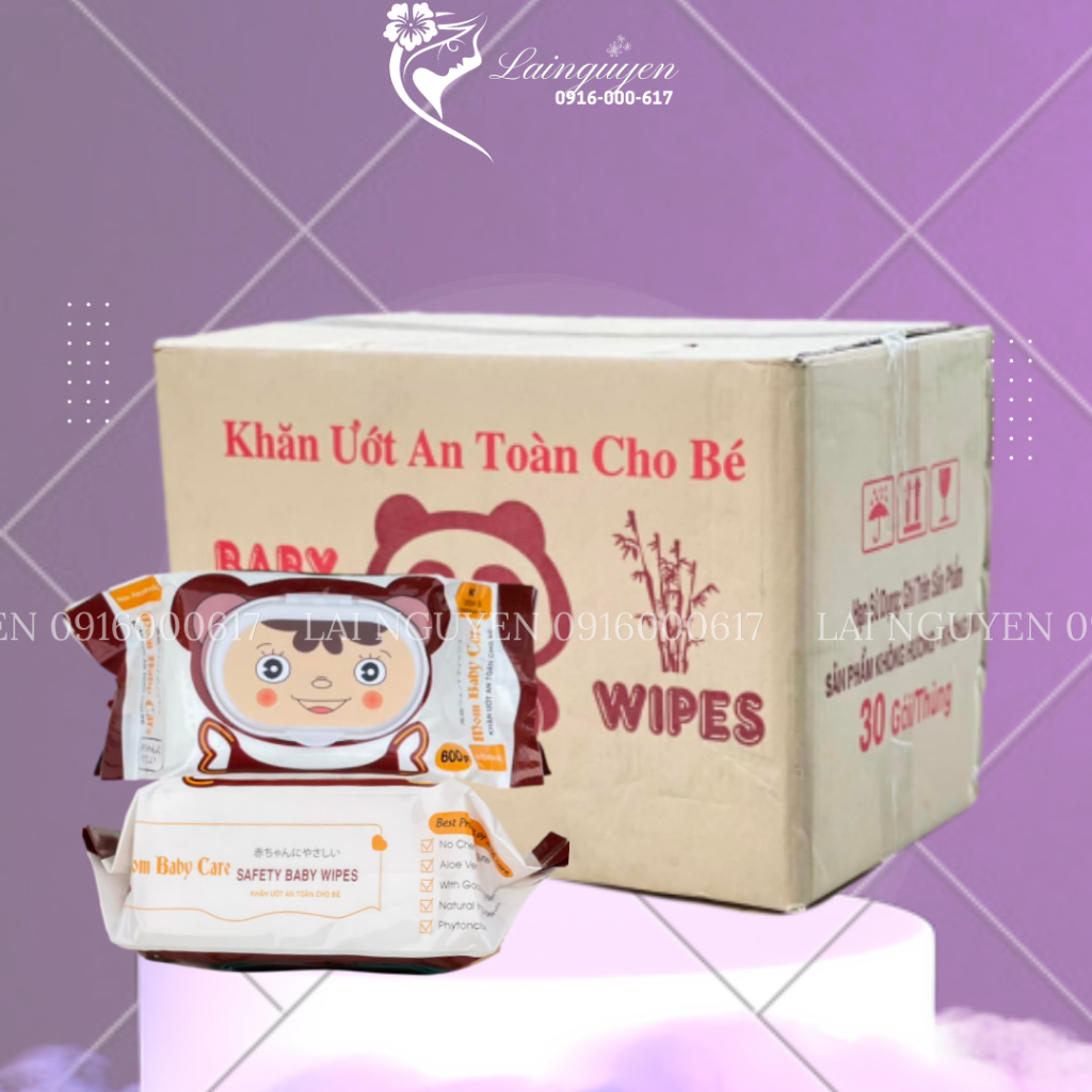 Thùng 30 Khăn ướt Mom Baby Care loại 600gram không mùi khổ lớn 19x24cm