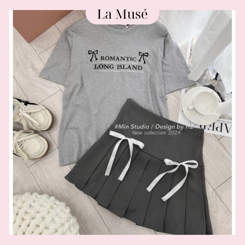 Chân váy xếp ly nữ dáng ngắn kèm nơ lụa trắng chân váy nữ xếp ly màu xám 2 lớp cạp cao