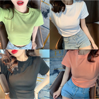 Aó thun croptop tay ngắn trơn cổ tròn dáng ôm co dãn, áo ngắn cotton mát hàng quảng châu cao cấp Vocanlus Boutique