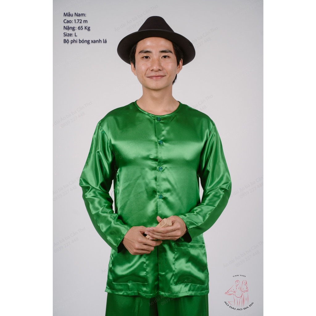 Bộ áo bà ba nam phối áo phi xanh lá + Quần phi trắng - Có bộ bà ba Bigsize