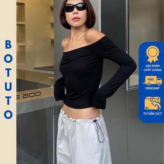 BOTUTO - Áo Thun Lửng Nữ Dáng Dài Trễ Vai Tay Dài Chất Thun Borip Siêu Dày Đứng From