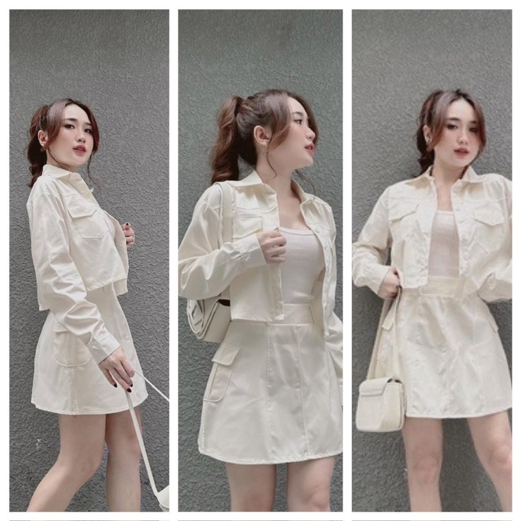 Set Vest 3 Món Áo 2 Dây Bra Ôm Body Phối Áo Khoác Croptop Tay Dài Xin Xắn Mix Chân Váy Chữ A Dáng Ngắn Style Hàn Quốc