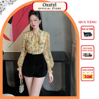 Áo sơ mi nữ họa tiết hoa công sở cổ nơ tay bèo oxatyl A104  2 lớp chất vải tơ mát mùa hè