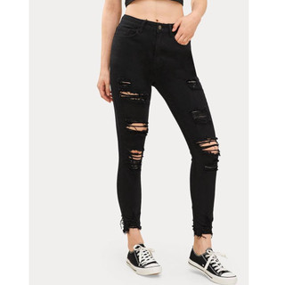 Quần jean nữ, Quần bò Đen rách nhiều đường  lưng cao dáng skinny siêu co giãn tôn dáng thời trang cao cấp
