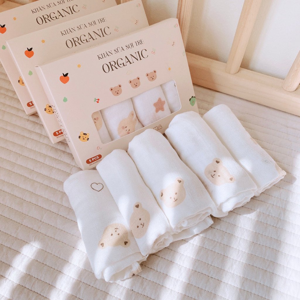 Hộp 5 Khăn Sữa Sợi Tre Organic 4 Lớp MONONA Cao Cấp, Mềm Mại Và Kháng Khuẩn Cho Bé KT 30*30cm Em bé