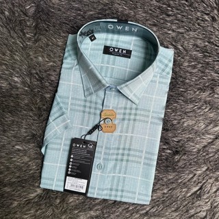 OWEN - Áo sơ mi ngắn tay Owen Regularfit chất sợi tre 230059 màu xanh bạc hà kẻ ca rô (vạt đuôi tôm)