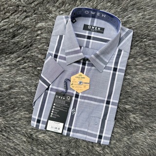 OWEN - Áo sơ mi ngắn tay Owen vạt ngang chất sợi sen kẻ ca rô đen xám 220078