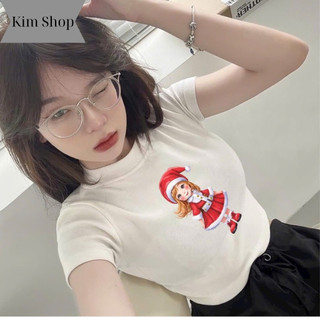 Áo thun nữ tay ngắn cổ tròn in hoạ tiết cực dễ thương Kim Fashion, Áo croptop ôm body phong cách trẻ trung cá tinh