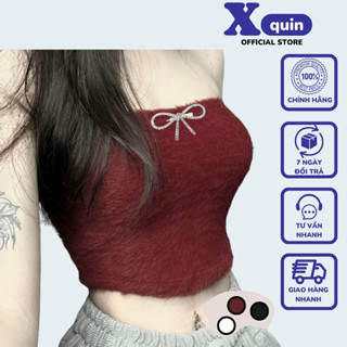 Áo ống lông cúp ngực ôm body có đính nơ đá cực xinh Xquin, Áo quây không dây chất liệu lông siêu cá tính