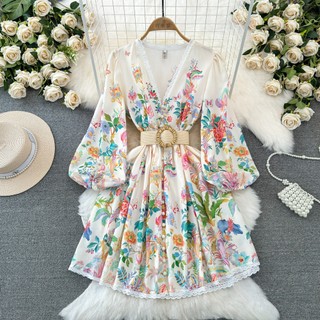 #4666 [Sẵn một số size] Đầm tay dài dáng cổ V họa tiết retro kèm thắt lưng siêu xinh