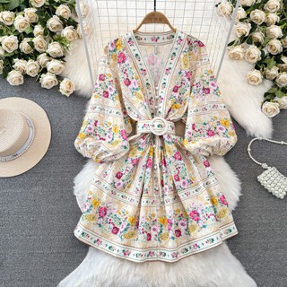 #4668 [Sẵn một số size] Đầm dài tay Quảng Châu dáng cổ V phong cách retro họa tiết kèm thắt lưng