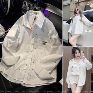 Áo sơ mi thêu miu miu đính full đá bling dáng rộng siêu xinh !!
