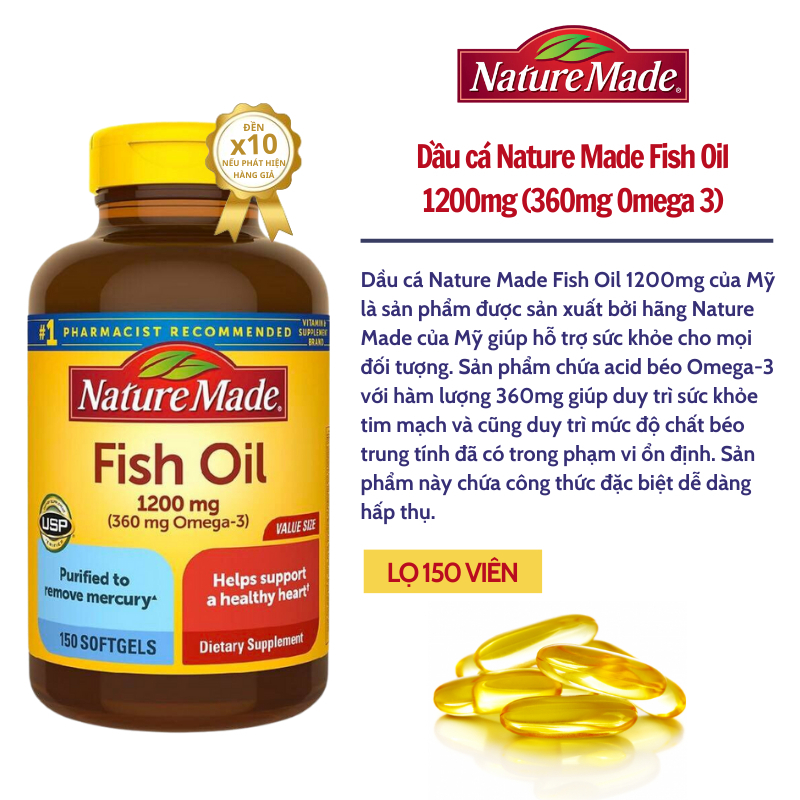 Dầu cá omega-3 Nature Made Fish Oil 1200mg, 360mg omega-3 bổ mắt