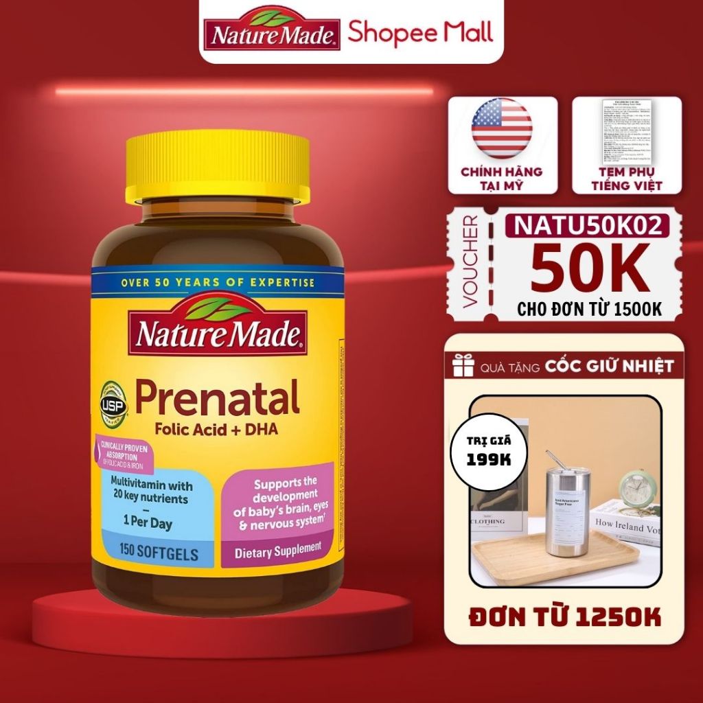 Vitamin tổng hợp bầu Nature Made Prenatal Folic Acid + DHA 150 viên bổ sung vitamin, khoáng chất và DHA cho mẹ và bé