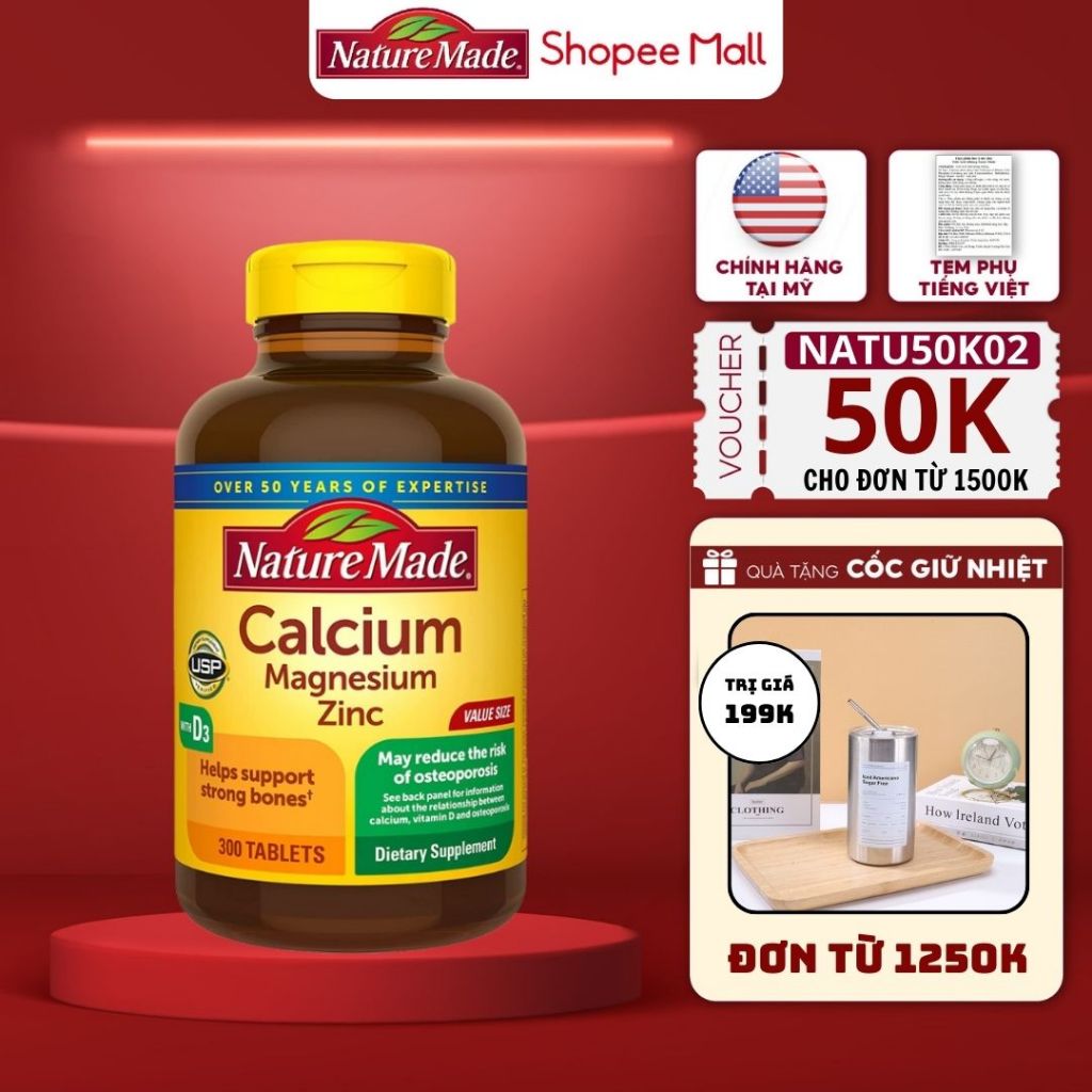 Canxi hữu cơ bà bầu Nature Made Calcium Magnesium Zinc + Vitamin D3 giúp bổ sung canxi cho mẹ và bé 300 viên của Mỹ