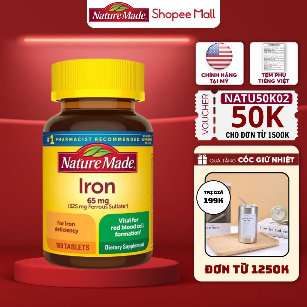 Sắt hữu cơ cho bà bầu Nature Made Iron 65mg giúp bổ sung sắt phòng ngừa