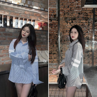 Áo sơ mi nữ kẻ BBR dài tay dáng dài kiểu dáng sang chảnh, áo cài cúc túi lắp dễ phối đồ