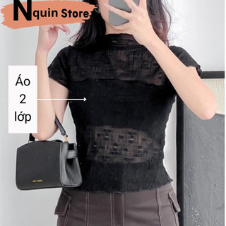 Áo kiểu nữ lưới 2 lớp tay ngắn cổ tròn phong cách xuyên thấu From baby tee thiết kế hoa nổi dáng ôm gợi cảm nquin Store