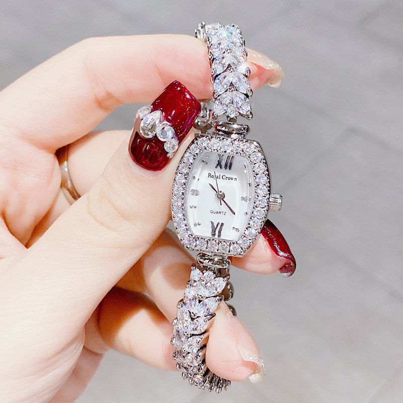 [Chính Hãng 100%) Đồng Hồ Nữ Royal Crown 9232 mặt vuông đính đá dây kim loại chính hãng đính đá