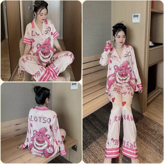 Đồ bộ Pyjama nữ in 5D Gấu dâu Lotso lụa xước Sam cao cấp