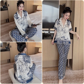 Đồ bộ Pyjama nữ in 5D Hoa văn D xanh lụa xước Sam cao cấp