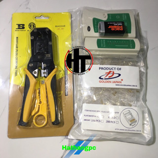 Combo Kìm bấm mạng Bosi vàng đen xịn, hạt mạng, hộp test mạng, kìm xanh