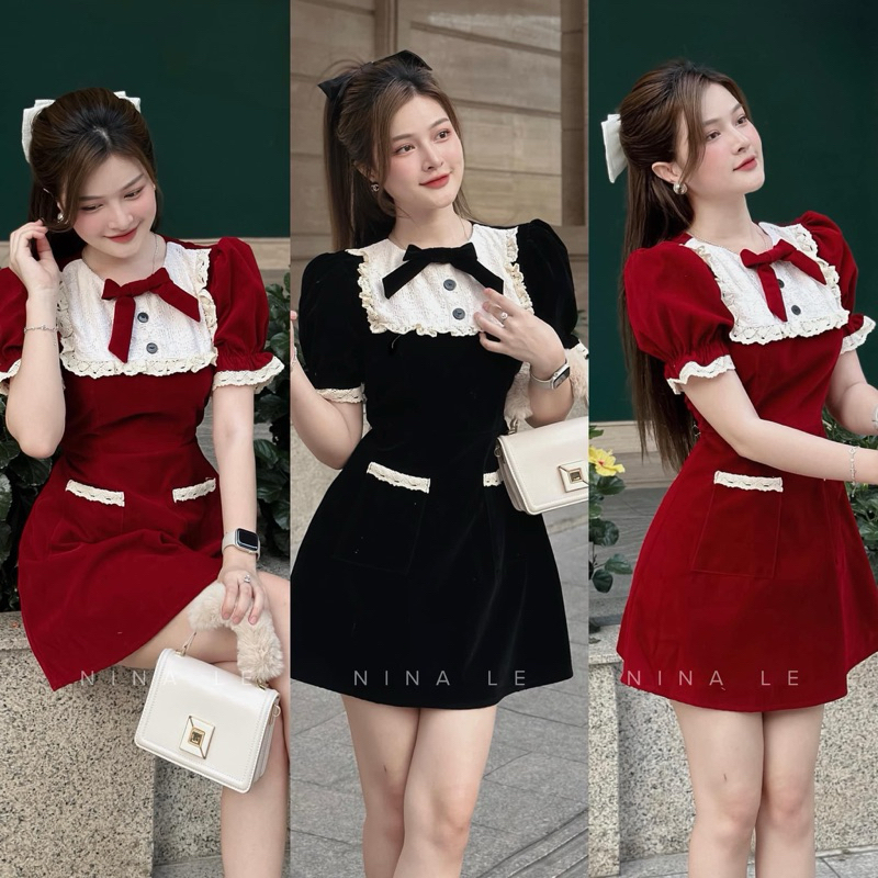 Đầm váy nữ mặc chơi TẾT ,đầm nhung phối bèo trắng nơ tay bồng dáng váy chữ A tiểu thư sang trọng cho nàng đi tiệc