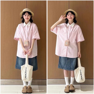  Áo sơ mi kiểu nữ hoạ tiết kẻ form rộng ngắn tay PHỐI CỔ phong cách ulzzang