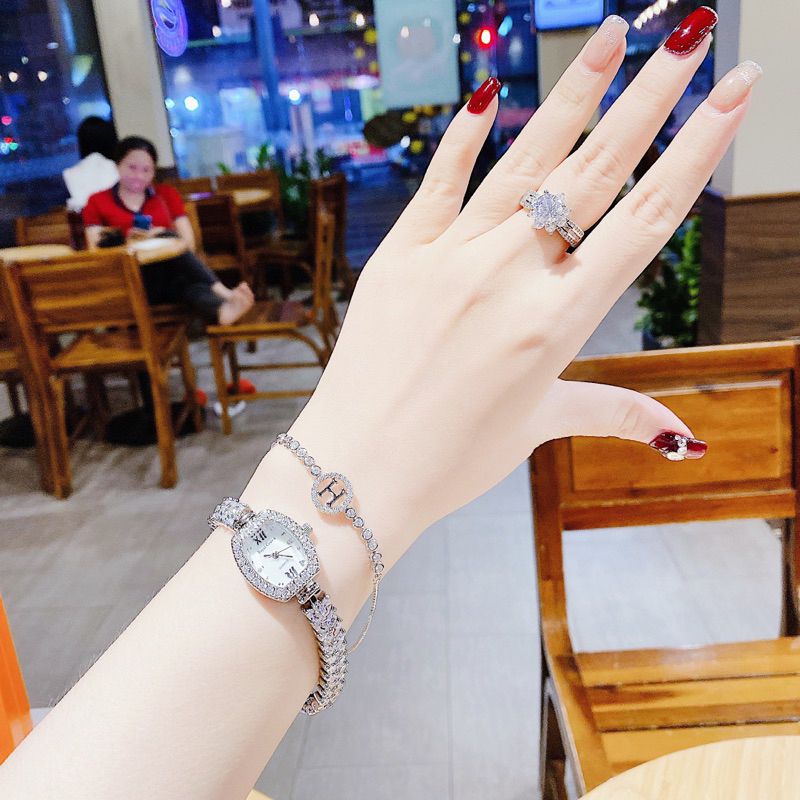 [Chính Hãng 100%) Đồng Hồ Nữ Royal Crown 9232 mặt vuông đính đá dây kim loại chính hãng đính đá